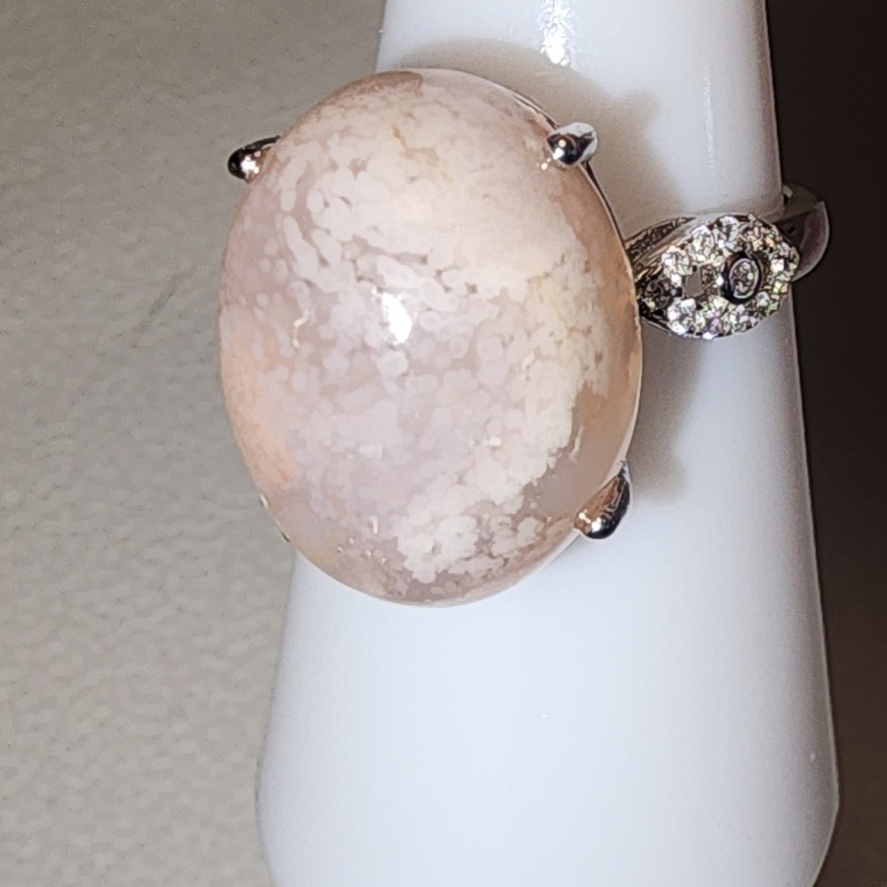 Elegant Sterling Silver Pink Flower Agate Stone Ring